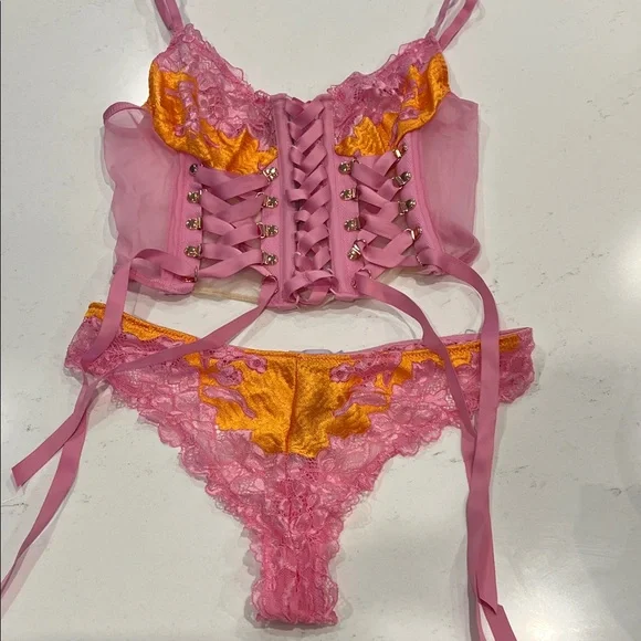 Savage X Fenty Pink and Yellow Lace Corset Bra Set - Picture 2 of 6